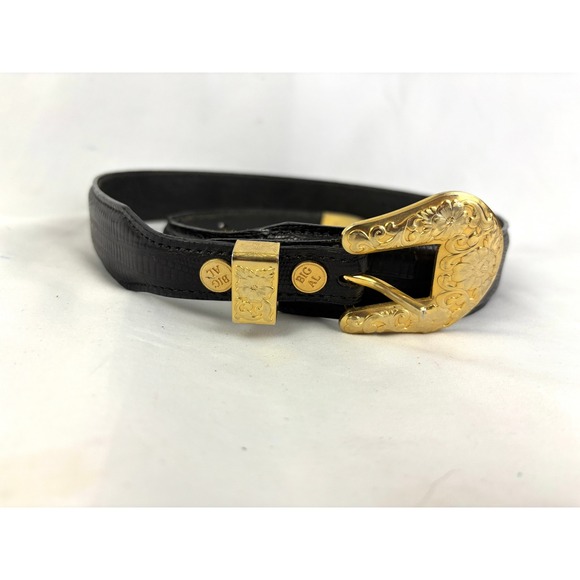 Big Al Western Leather Belt Gold Tone Buckle German Silver Black Size 28 Vintage main image 8